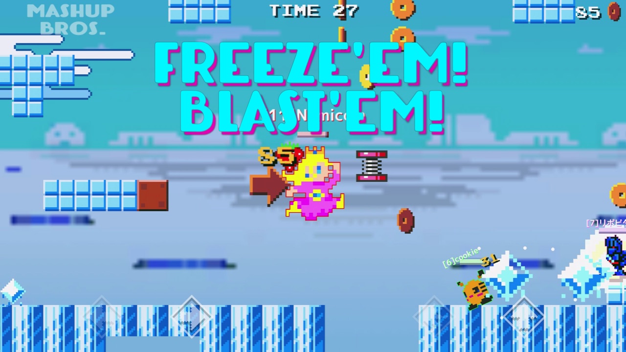 Mashup Bros: Ice and bomb weapons on a frozen stage